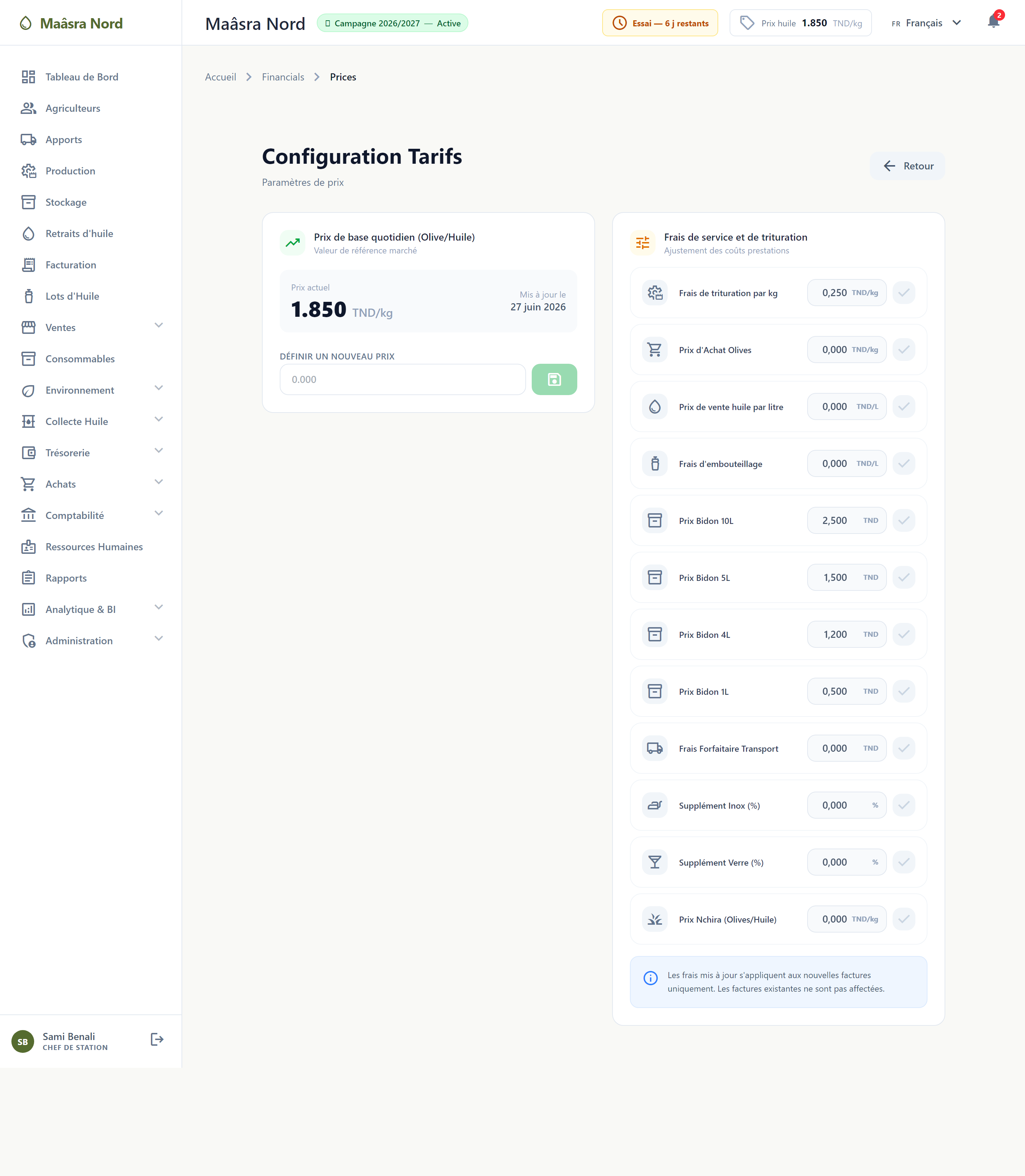 Configuration des tarifs